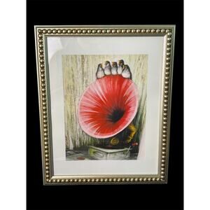 Vintage Gramophone With Red Horn & Birds Framed Whimsical Art Print